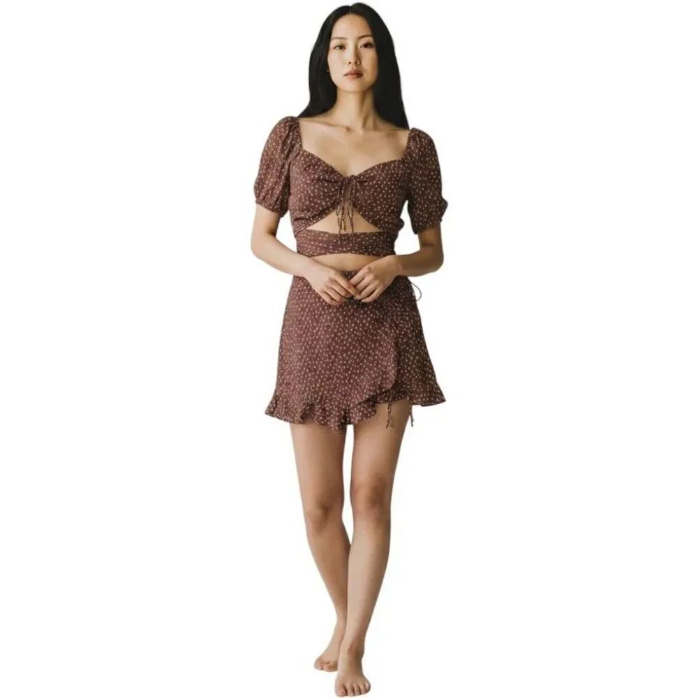 Cotton Candy LA Brown Dot Puff Sleeve Crop Top Mini Skirt Set Size M